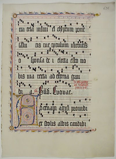 带有首字母A的手稿叶子，来自德国的Antiphonary，15世纪第二季度。 作者 不明