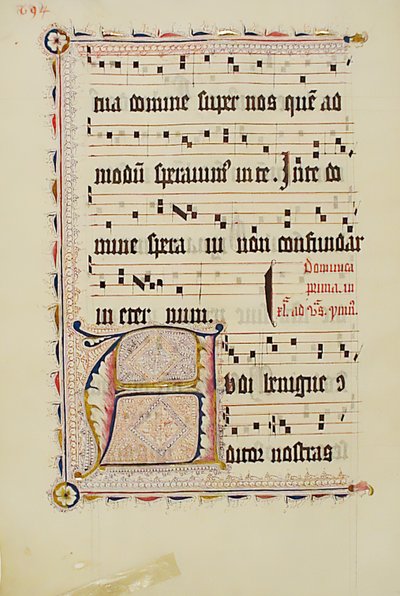 带有首字母A的手稿叶子，来自德国的Antiphonary，15世纪第二季度。 作者 不明