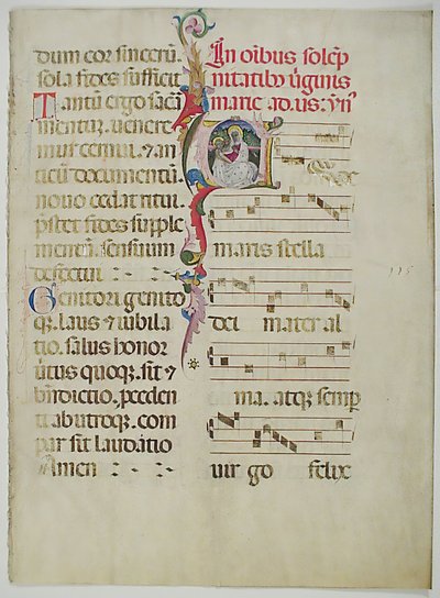 带有首字母A的手稿叶子，来自意大利的Antiphonary，15世纪。 作者 不明