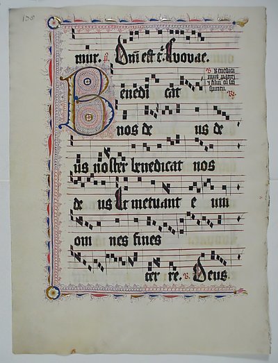 带有首字母B的手稿叶子，来自德国的Antiphonary，15世纪第二季度。 作者 不明