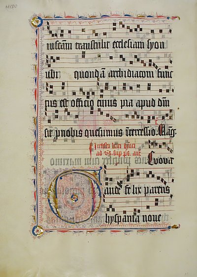 带有首字母G的手稿叶子，来自德国的Antiphonary，15世纪第二季度。 作者 不明