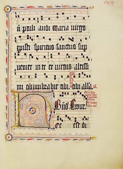 带有首字母H的手稿叶子，来自德国的Antiphonary，15世纪第二季度。 作者 不明