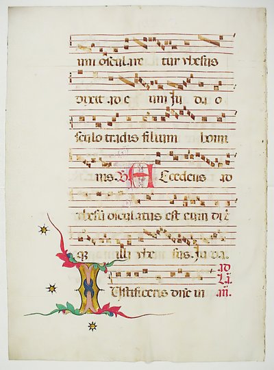 带有首字母I的手稿叶子，来自意大利的Antiphonary，15世纪。 作者 不明
