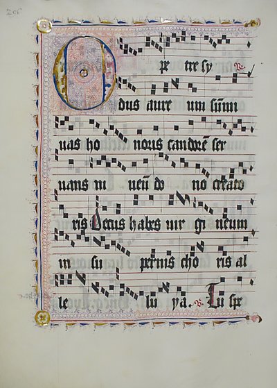 带有首字母O的手稿叶子，来自德国的Antiphonary，15世纪第二季度。 作者 不明