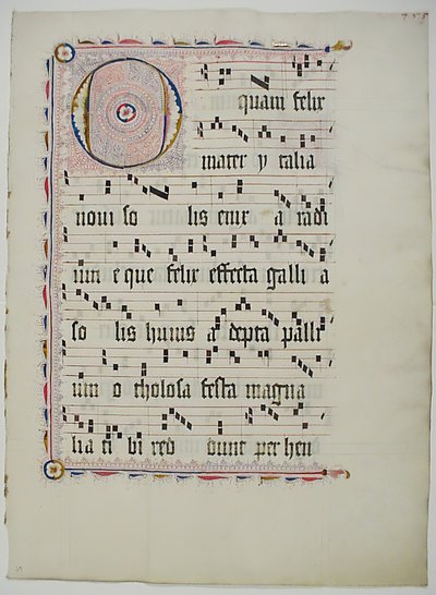 带有首字母O的手稿叶子，来自德国的Antiphonary，15世纪第二季度。 作者 不明