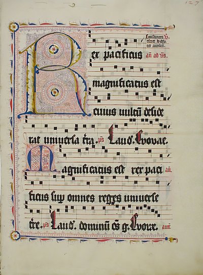 带有首字母R的手稿叶子，来自德国的Antiphonary，15世纪第二季度。 作者 不明