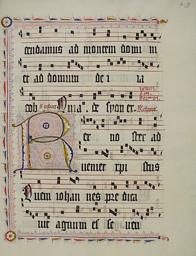 带有首字母R的手稿叶子，来自德国的Antiphonary，15世纪第二季度。 作者 不明