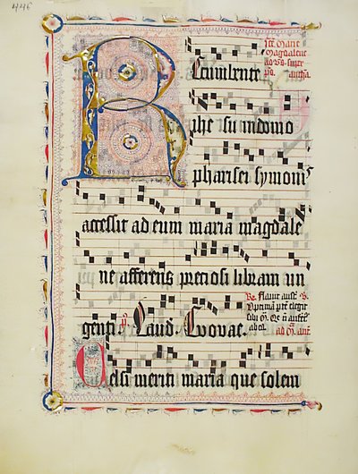 带有首字母R的手稿叶子，来自德国的Antiphonary，15世纪第二季度。 作者 不明