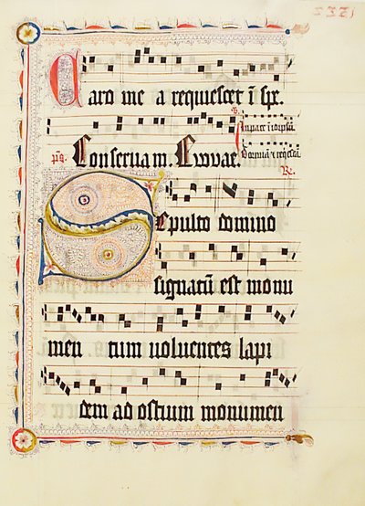 带有首字母S的手稿叶子，来自德国的Antiphonary，15世纪第二季度。 作者 不明