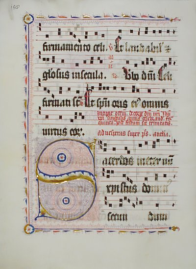 带有首字母S的手稿叶子，来自德国的Antiphonary，15世纪第二季度。 作者 不明