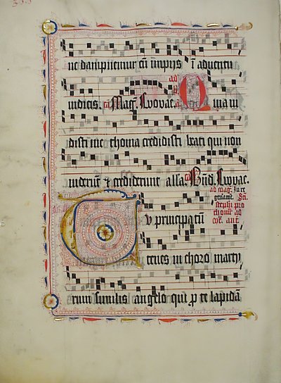 带有首字母T的手稿叶子，来自德国的Antiphonary，15世纪第二季度。 作者 不明