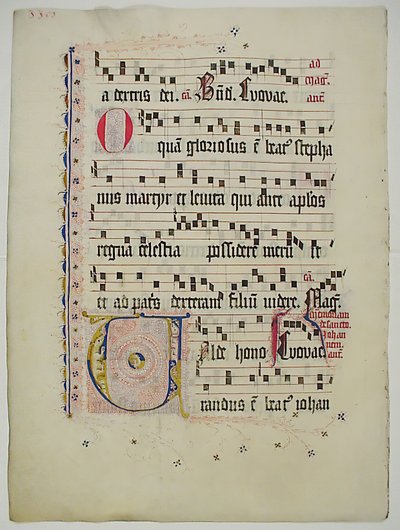 带有首字母V的手稿叶子，来自德国的Antiphonary，15世纪第二季度。 作者 不明