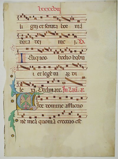 带有首字母V的手稿叶子，来自意大利的Antiphonary，15世纪。 作者 不明