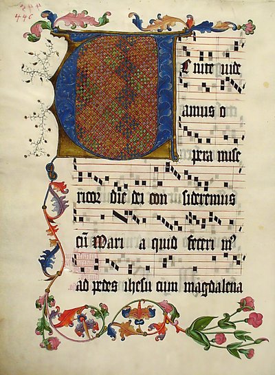 带有首字母V的手稿叶子，来自德国的Antiphonary，约1425-50。 作者 不明