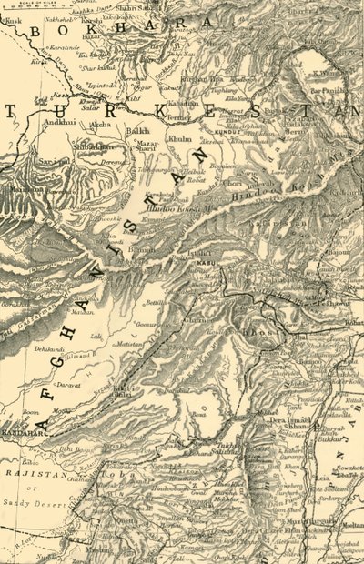 地图指示罗伯茨将军到喀布尔的路线...以及1901年的英俄边界。 作者 不明