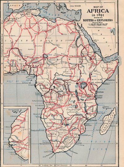 1891年的非洲地图，显示探险者的路线 作者 不明
