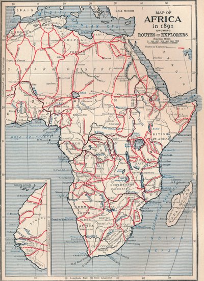 1891年的非洲地图，显示了探险家的路线，1906年 作者 不明