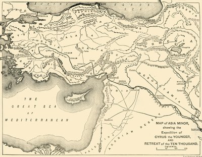 小亚细亚地图，年轻的居鲁士探险队和1万撤退，1890年。 作者 不明