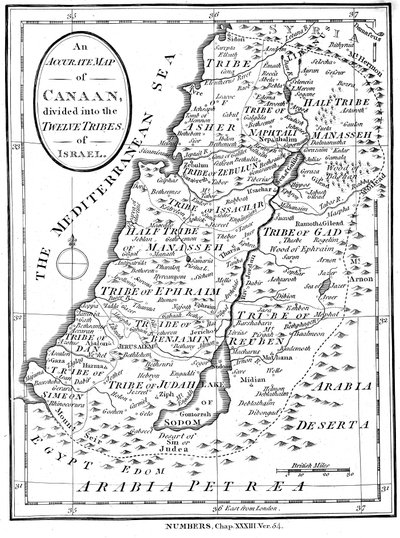 迦南地图，分为以色列的十二个部落，c1830 作者 不明