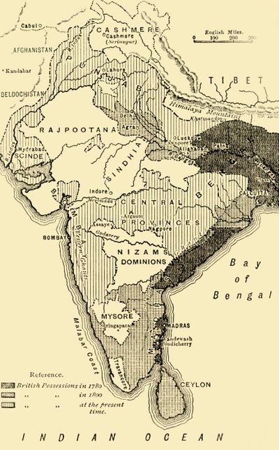 印度地图，显示1780,1800年和1890年现在的英国占领权。 作者 不明