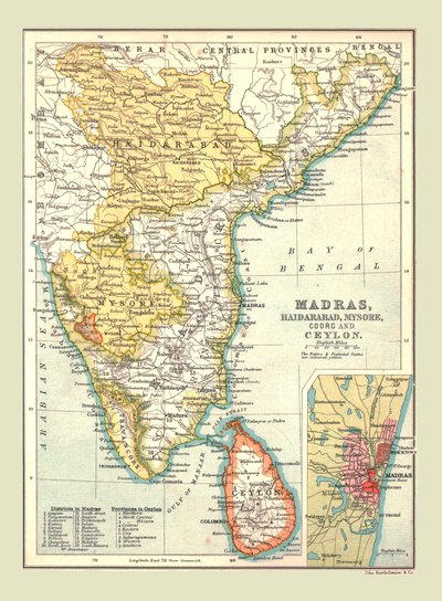 马德拉斯，海得拉巴，迈索尔，库格和锡兰的地图，1902年。 作者 不明
