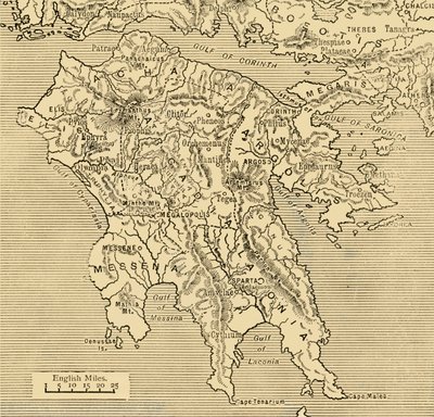 伯罗奔尼撒地图，1890年。 作者 不明