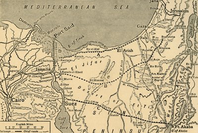 土耳其对苏伊士运河的进攻地图，第一次世界大战，1915年，c1920。 作者 不明