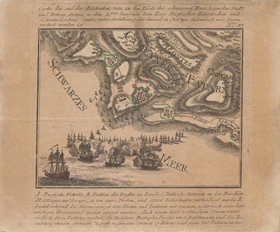 1791年6月俄罗斯军队在黑海攻占海上要塞阿纳帕的地图，1791年。 作者 不明