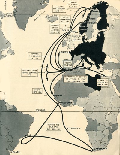地图显示的是HMS Ark Royal的动向，1939-1941，1942年。 作者 不明