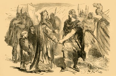 埃德蒙·艾恩塞德（Edmund Ironside）和坎特特（Canute）的会晤在塞内（Severn）的阿尔尼岛（Island of Alney）上举行，大约于1890年。 作者 不明