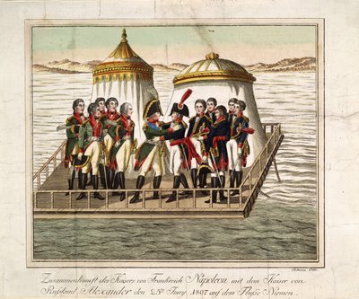 1807年，俄国亚历山大大帝一世和法国拿破仑一世在蒂尔西特附近的涅曼举行会议 作者 不明