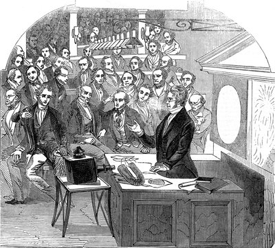 迈克尔·法拉第（Michael Faraday）讲授电磁学，皇家学会，伦敦，1846年 作者 不明