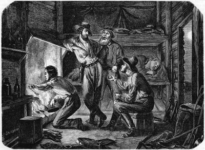 1853年晚上，加利福尼亚金矿中的矿工在小木屋中放松身心 作者 不明