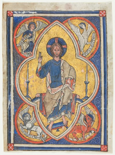 诗篇摘录的缩影：Christ下的基督，带有四位福音传教士的象征，c。 1235。 作者 不明