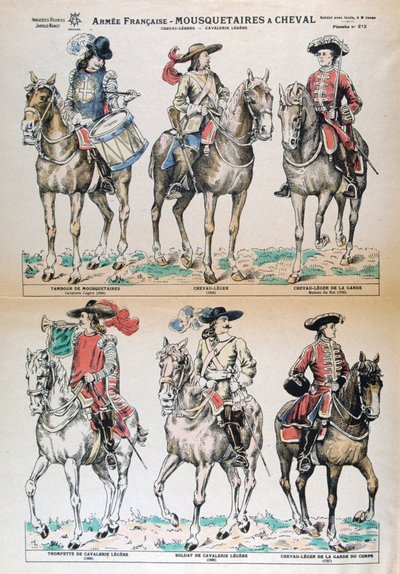 Mousquetaires是17世纪的骑士。法国陆军制服。彩色石版画。私人收藏 作者 不明