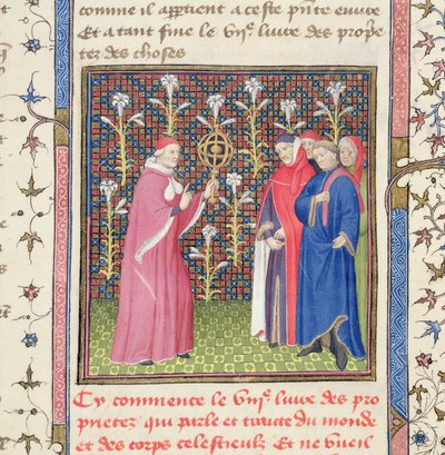 Ms 251 f.135r 五名男子，一名手持浑天仪，来自“Des Proprietez des Choses”，c.1415（牛皮纸） 作者 不明