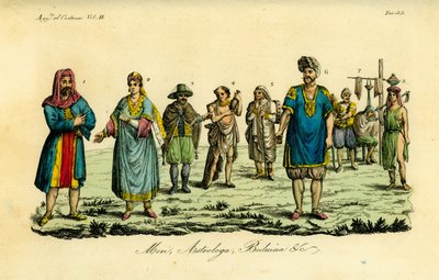 Muslim man on the Hajji to Mecca 1, Muslim woman 2, Muslim man in travel clothes 3, ordinary Muslim 4, Dervish saint 5, astrologer or Tagessa 6, muleteer 7, barber or Kagiem 8, Bedouin girl from near Beja (Beggia) 9 作者 不明