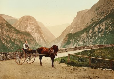 马车的挪威农民女孩。 1900年左右。摄影：Photoglob -苏黎世 作者 不明