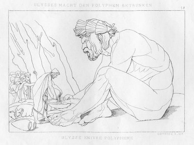 奥德修斯与独眼巨人Polyfemos喝酒，约1833年 作者 不明