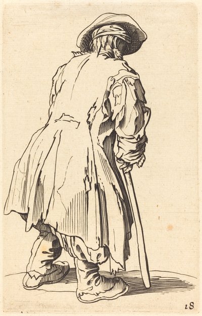 拄着一根拐杖的老乞丐。 作者 Unbekannt