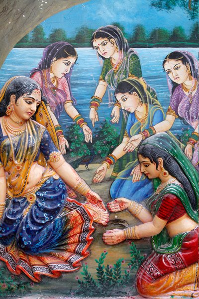 One day when Radha was walking to meet Krishna, she stepped on the thick bark of a ripe tamarind fruit and it cut her foot. This made her delay in meeting Krishna; therefore she cursed the tree that its fruits would not ripen. Vrindavan Inde 作者 不明
