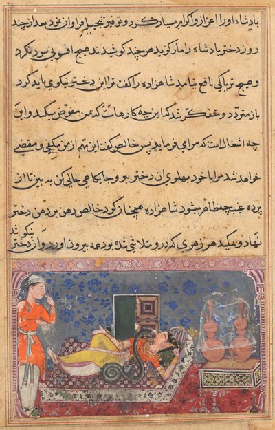 鹦鹉Tuti-nama的故事中的页面：第十八夜：Khalis回报……，c。 1560。 作者 不明