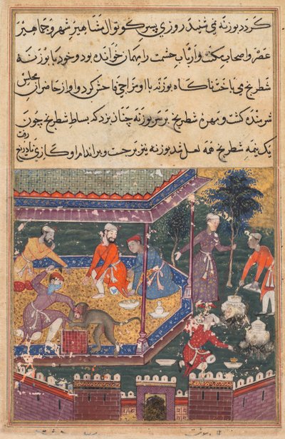 鹦鹉Tuti-nama的故事中的页面：第五夜：受伤的猴子咬了手，c1560。 作者 不明