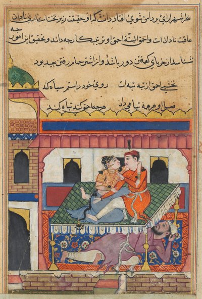 鹦鹉Tuti-nama的故事中的页面：第四十夜：Shahr-Arai和她的爱人...，c。 1560。 作者 不明
