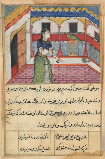 鹦鹉Tuti-nama的故事中的页面：42秒晚上：鹦鹉地址...，c。 1560。 作者 不明