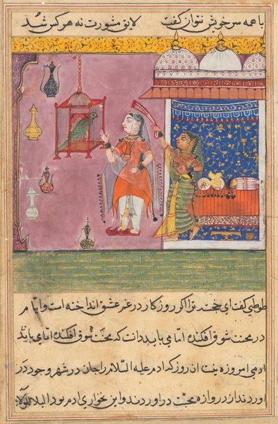 从鹦鹉的故事中传来的页Tuti-nama：第十九夜：鹦鹉的地址...，c。 1560。 作者 不明