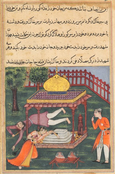 鹦鹉图蒂娜玛的故事中的页面：第三十六夜：Mahrusa自杀……c。 1560。 作者 不明