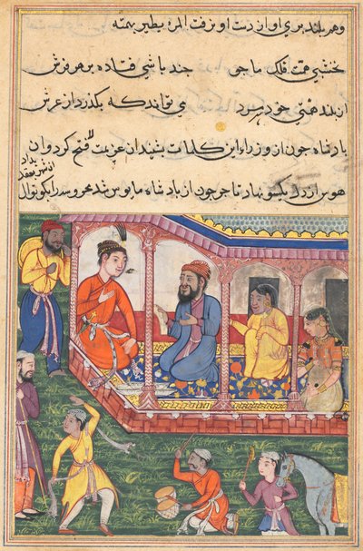 鹦鹉图蒂-娜玛的故事中的页面：第三十六夜：Mahrusas婚姻...，c。 1560。 作者 不明
