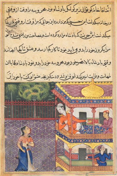 鹦鹉图蒂娜玛的故事中的页面：第三十六夜：巴比伦国王...，c。 1560。 作者 不明