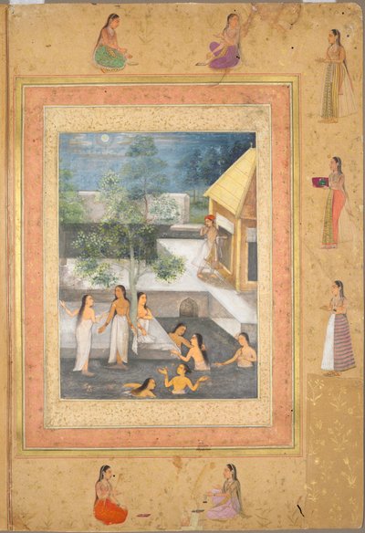 Shah Jahan后期专辑中的页面：后宫夜浴场景c。 1653。 作者 不明